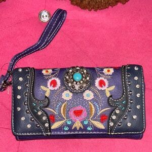 Blue Embroidered Clutch with Wristlet Strap